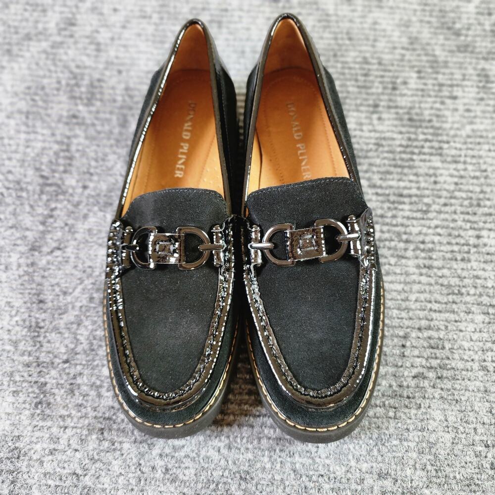 Donald Pliner Women's 8.5 Black Suede Patent Leather Trim Platform Loafers - Picture 2 of 9